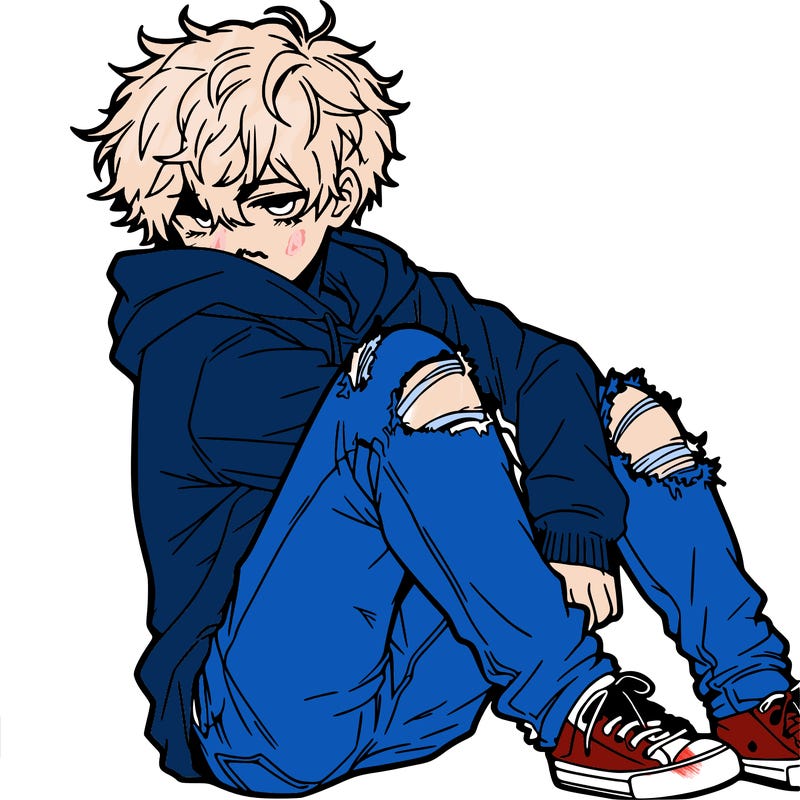 a male hoddie ripped jeans messy hair anime