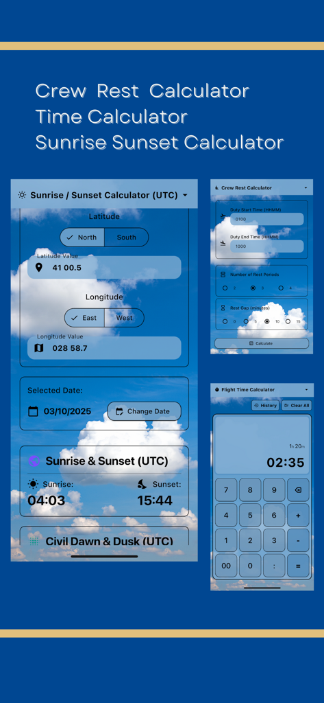 Interfaz de aplicación de aviación que incluye calculadoras de amanecer, atardecer, descanso de tripulación y tiempo de vuelo para pilotos