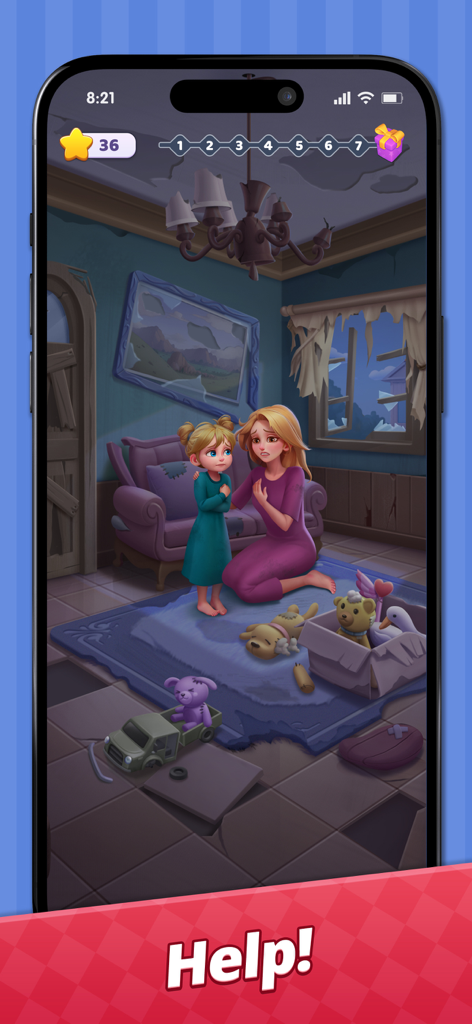 A mother and daughter sitting in a messy room with a help button in Match Family