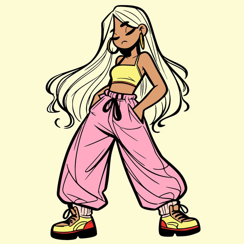 girl in baggy pants crop top and long hair