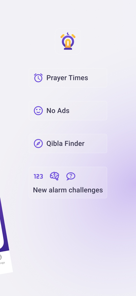 Fajr: Fajr Alarm, Prayer Times - Fajrアプリのインターフェース。礼拝時間、キブラファインダー、アラームチャレンジが強調表示されています。