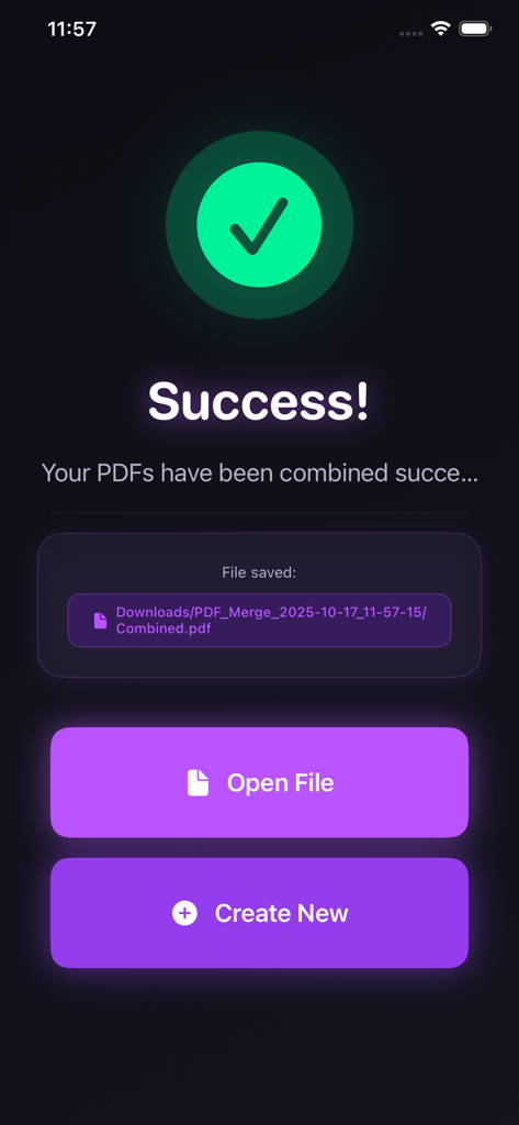 ドキュメントが結合されたことを確認するMerge PDFアプリの成功画面