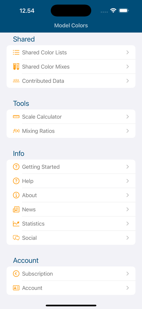 The main menu interface of the Model Colors app showing shared lists hobby tools and account settings