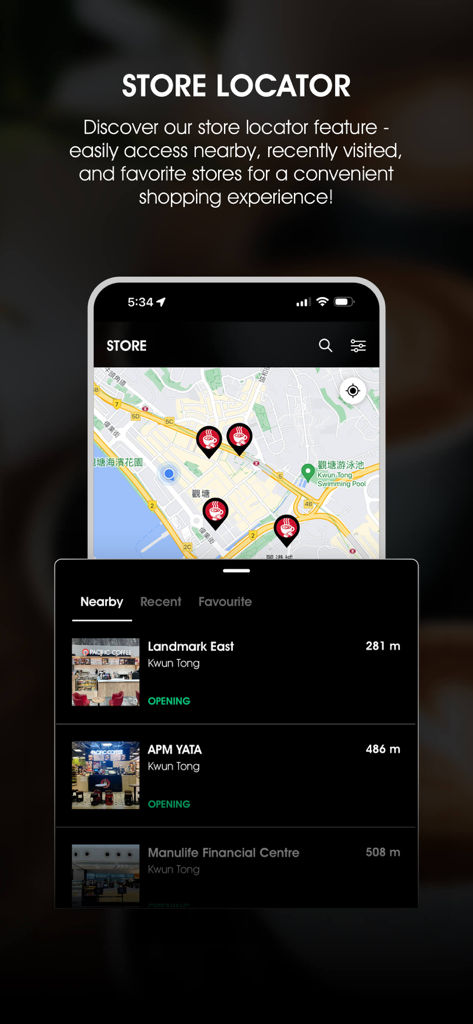 Pacific Coffee Hong Kong - Pacific Coffee Hong Kong app store locator screen showing a map of nearby coffee shops and a list of store locations.