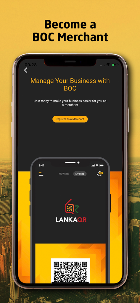 BOC SmartPay app screen for merchant registration and LANKAQR business management.