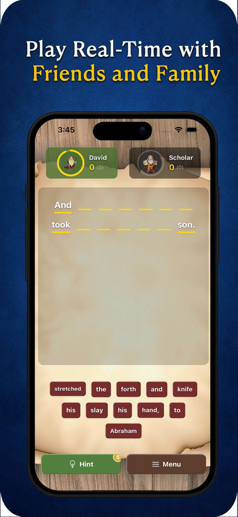 Verse Pursuit - Aplicación móvil Verse Pursuit que muestra un juego de rompecabezas de palabras bíblicas multijugador en tiempo real
