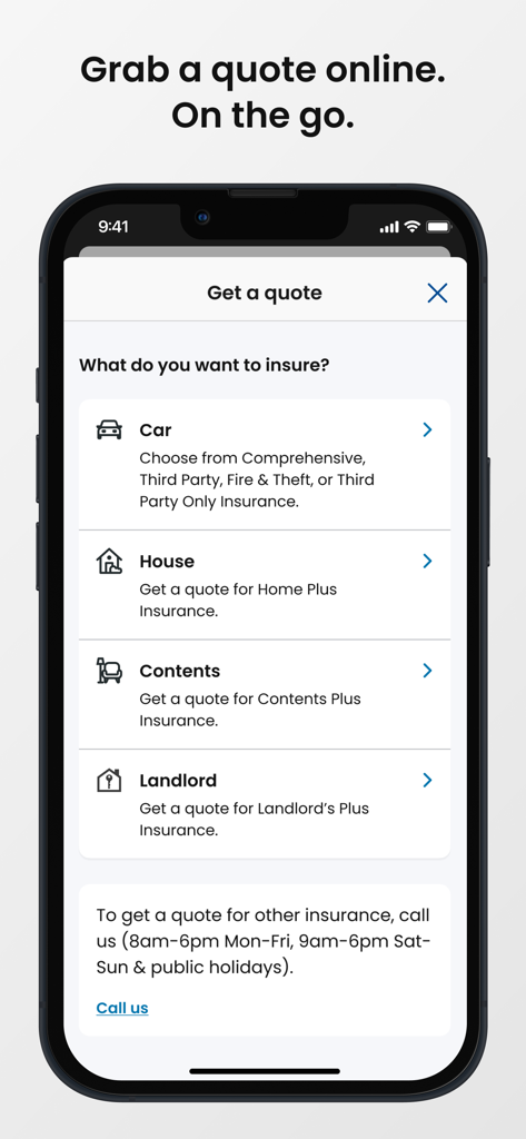 State - Mobile screen of the State insurance app showing insurance quote options for car, house, and contents.