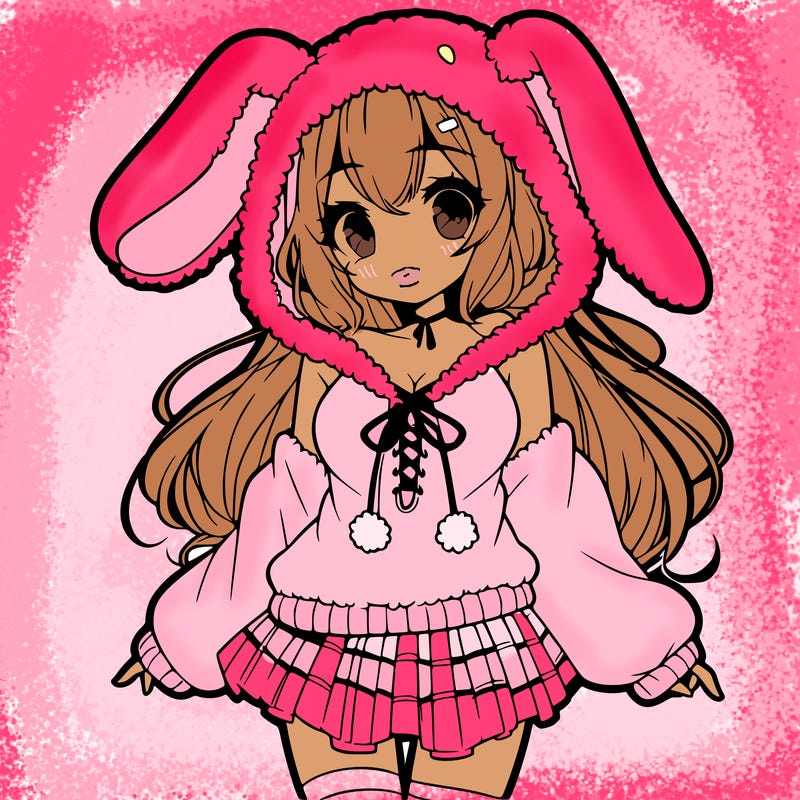 pretty anime girl wearing a fluffy hoodie with bunny ears on the hood and a skirt