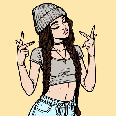 realistic teenage girl with braids and a beanie and crop top doing 🫶🏼