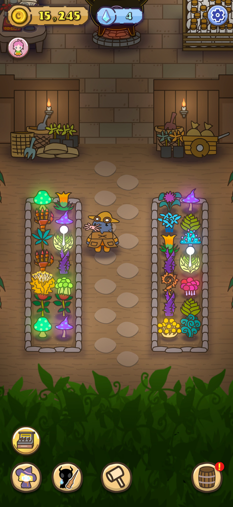 Witch's Potion Shop - A character standing between two garden beds filled with colorful glowing magical plants and mushrooms in a cozy shop environment.