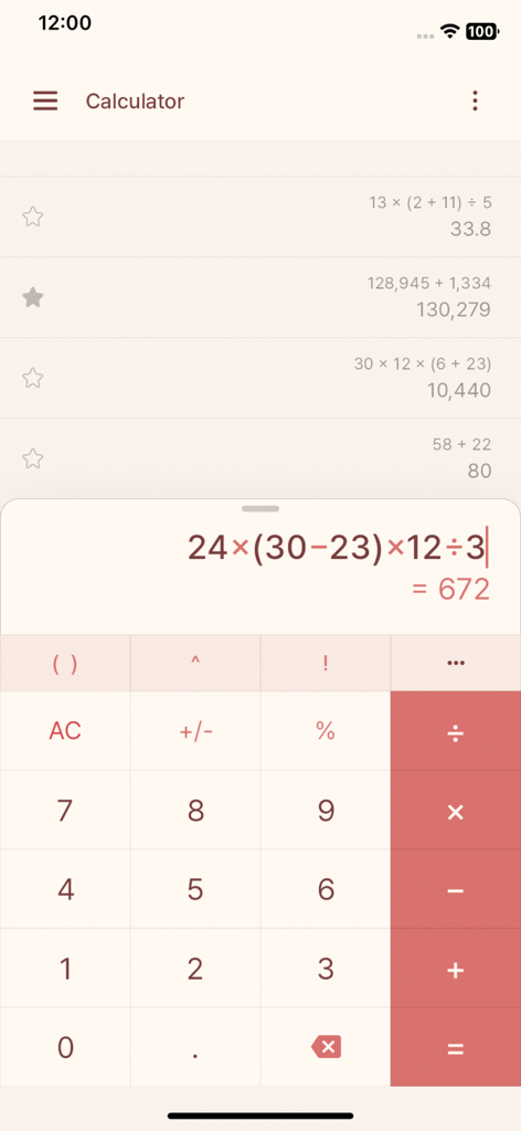 CalcBox -All in One Calculator - The basic calculator interface of CalcBox showing calculation history and an active equation with a numeric keypad.