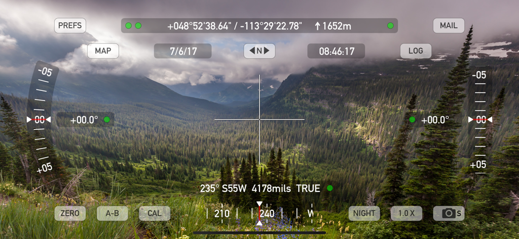 Theodolite - Theodolite app AR viewfinder with GPS and elevation data overlay on a mountain landscape