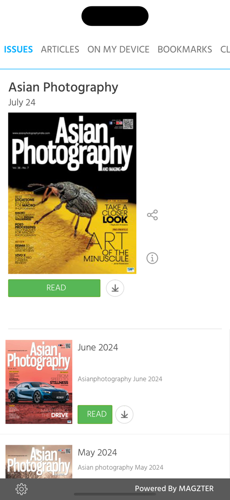 Asian Photography - Digital interface of the Asian Photography app showing a library of magazine issues with covers and read buttons.