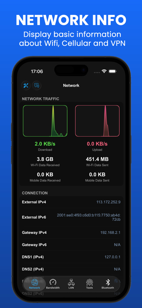 WIFI Analyzer - DNS Speed Test - Interface de l'application Analyseur WIFI montrant des graphiques de trafic réseau et des informations de connexion détaillées comme les adresses IP et les serveurs DNS.
