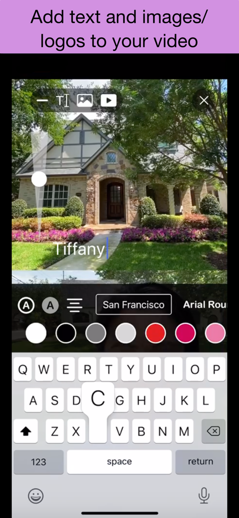 DUBL Pro - Mobile app interface showing the addition of text overlays to a real estate house tour video