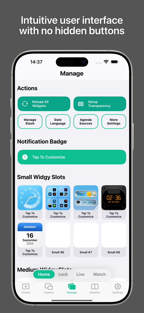 Widgy app interface showing the Manage tab with small widget slots and action buttons