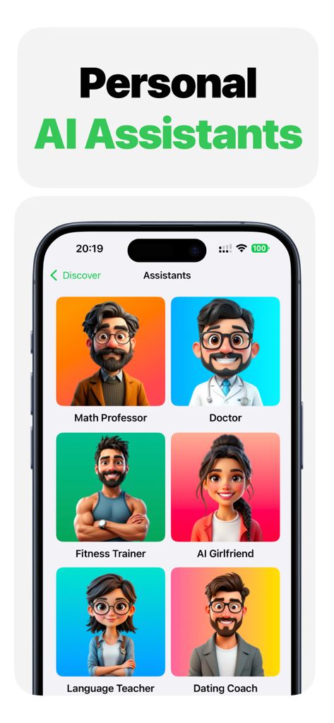 Una pantalla de smartphone de la aplicación ChatASK que muestra diferentes personalidades de asistentes de IA, incluyendo Profesor de Matemáticas, Doctor, Entrenador de Fitness y Entrenador de Citas.