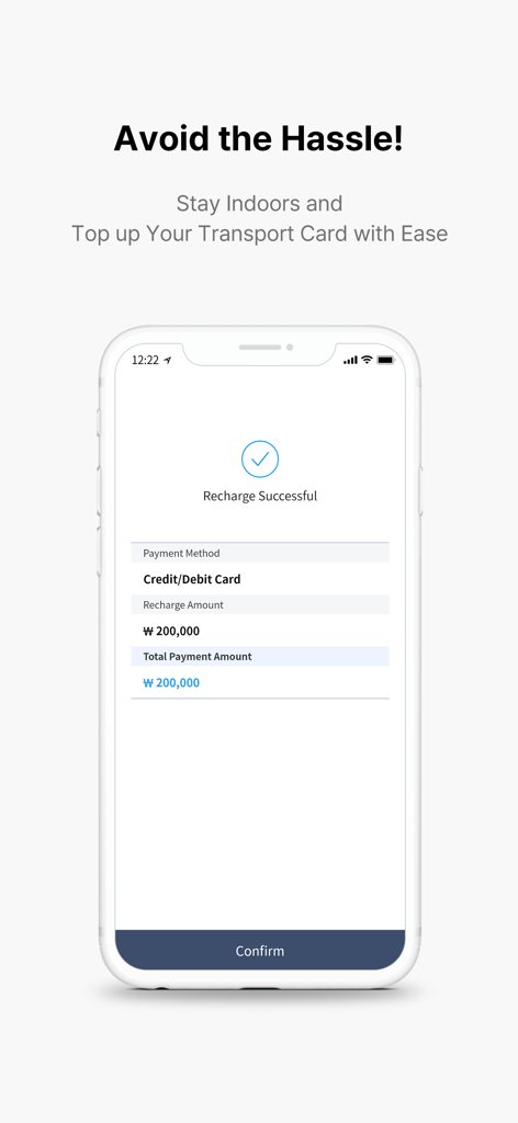 Tela de um smartphone mostrando uma recarga bem-sucedida de cartão de transporte de 200.000 Won coreanos no aplicativo DAEM DAEM.