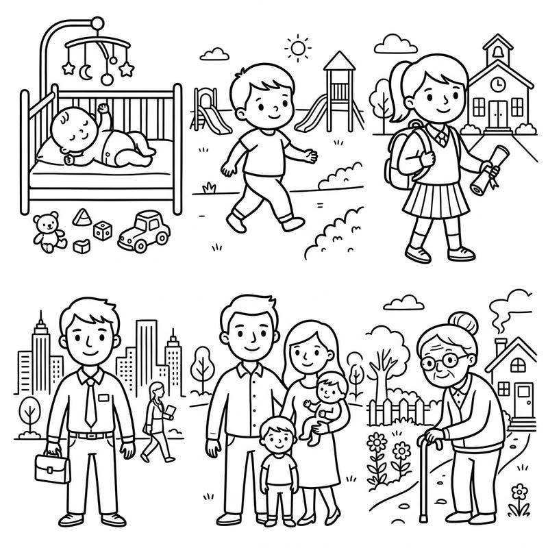 Embark on an incredible coloring adventure that beautifully illustrates the different stages of life, from babyhood to golden years. This engaging coloring page for kids offers a unique way to understand growth and change while having creative fun.