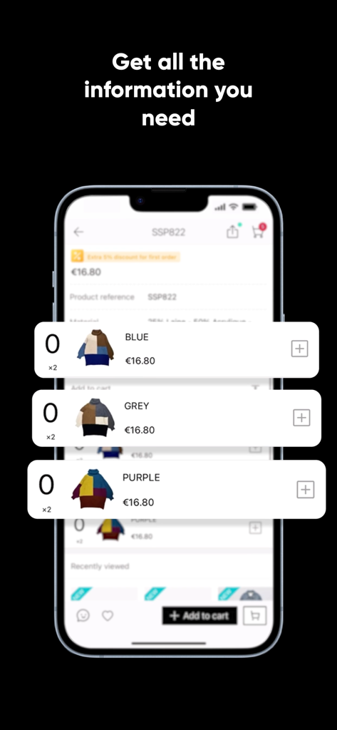 Product details screen in the W.STUDIO B2B app showing color variations for wholesale fashion items.