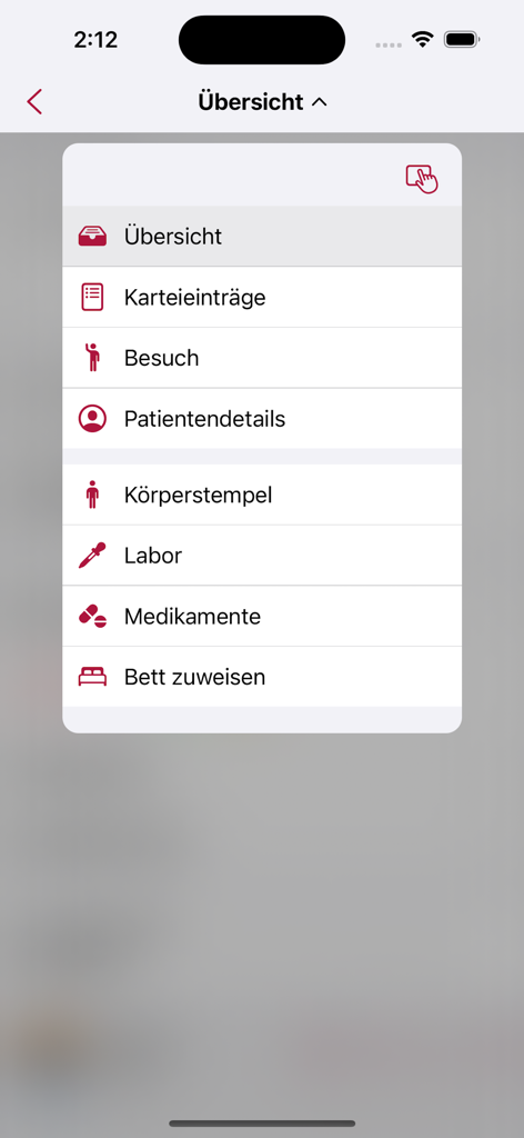 tomedo Praxissoftware - Navigation menu of tomedo medical software on a mobile device