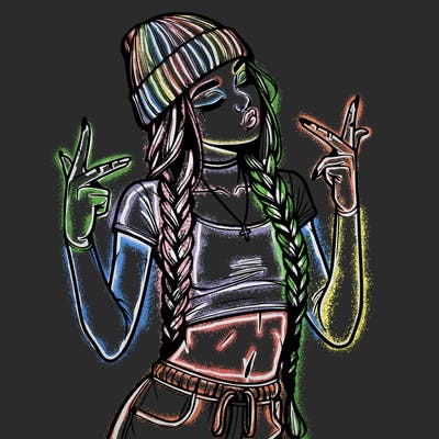 realistic teenage girl with braids and a beanie and crop top doing 🫶🏼