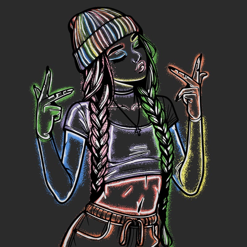 realistic teenage girl with braids and a beanie and crop top doing 🫶🏼