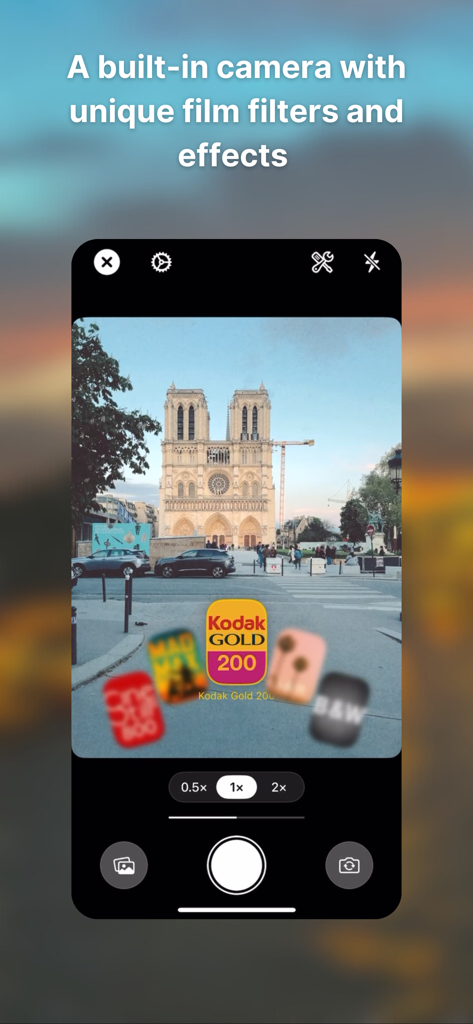 PostPic-Aesthetic Pics Editor - PostPic built-in camera interface showing unique film filters and effects like Kodak Gold 200