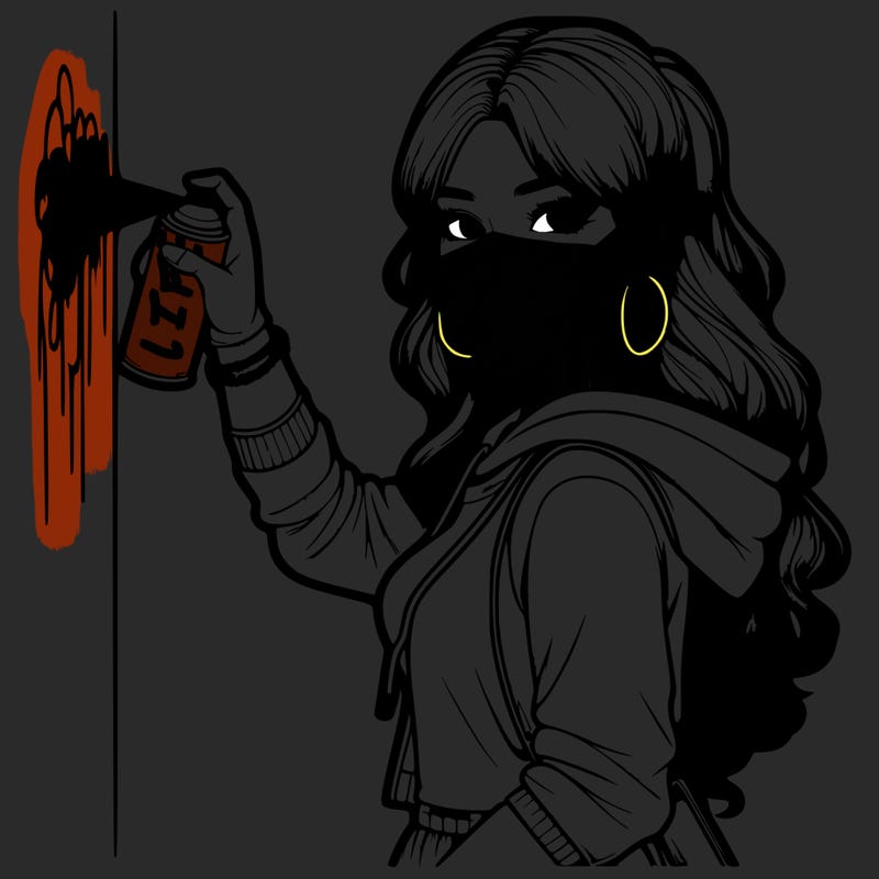 realistic girl with mask spray painting a wall