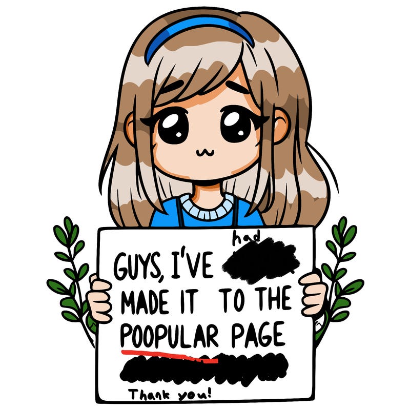 a girl holding up a sign that says, guys, i’ve never made it to the popular page, can you help me?