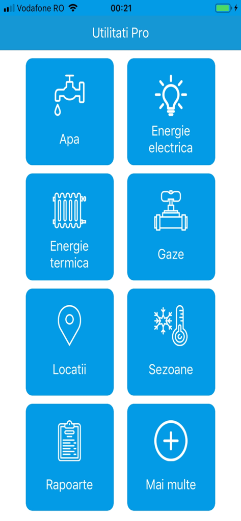 Utilitati Pro 앱의 메인 메뉴로, 수도, 전기, 가스 및 난방 소비를 추적하는 아이콘이 표시됩니다.