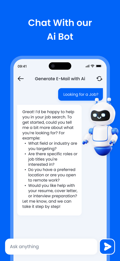 AI Writer - AI Email Assistant - Chatbot de IA ayudando al usuario a redactar un correo electrónico de búsqueda de empleo dentro de la aplicación
