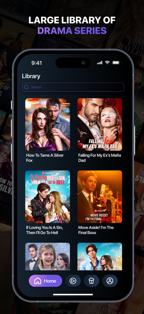 Watch Drama - TV Series Daily - iPhoneにロマンスとスリラードラマシリーズのポスターの大きなライブラリを表示するモバイルアプリのインターフェイス。