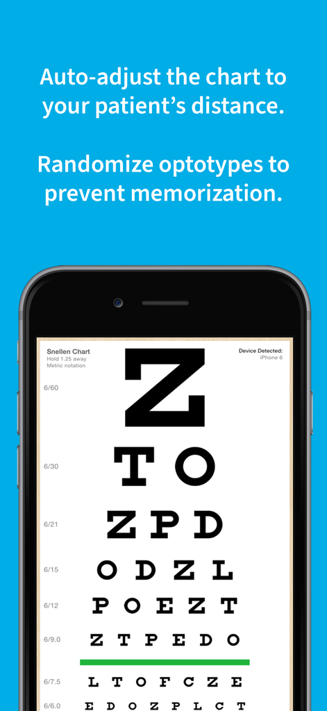 Eye Chart HD - Smartphone screen showing a Snellen eye chart from the Eye Chart HD app