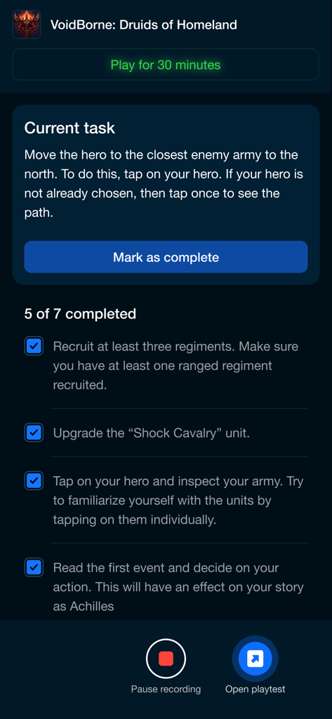 PlaytestCloud: Be a Playtester - The PlaytestCloud app interface showing a playtest task list and recording options