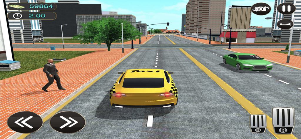 Third-person gameplay view of a yellow taxi driving on a city street in a mobile simulator game