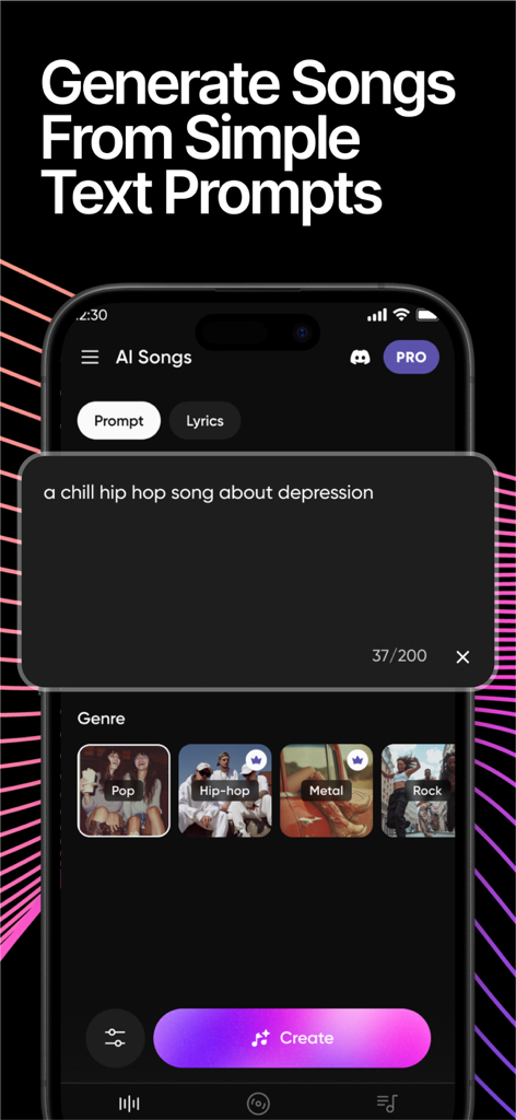 Interfaz de la aplicación Music Studio que muestra cómo generar canciones a partir de simples indicaciones de texto con diferentes géneros musicales
