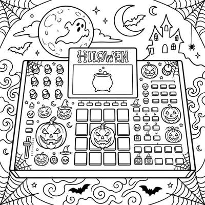 Unleash your creativity with this unique Halloween Drum Machine coloring page! Adorned with grinning jack-o'-lanterns, friendly ghosts, and spooky elements, it's a frightfully fun activity for all ages. Perfect for setting a festive mood.