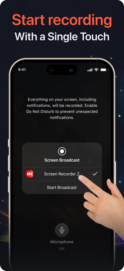 iPhone screen showing the one-tap screen recording setup for Screen Recorder Z