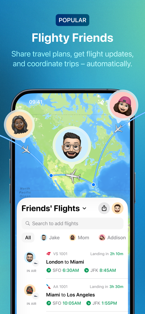 Flighty – Live Flight Tracker - Vista de mapa en la aplicación Flighty que muestra rutas de vuelo en tiempo real y actualizaciones de estado para amigos compartidos
