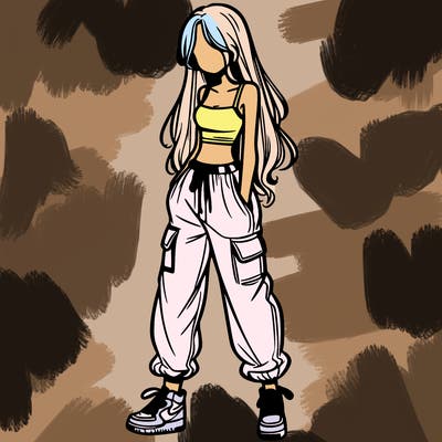 girl in baggy pants crop top and long hair