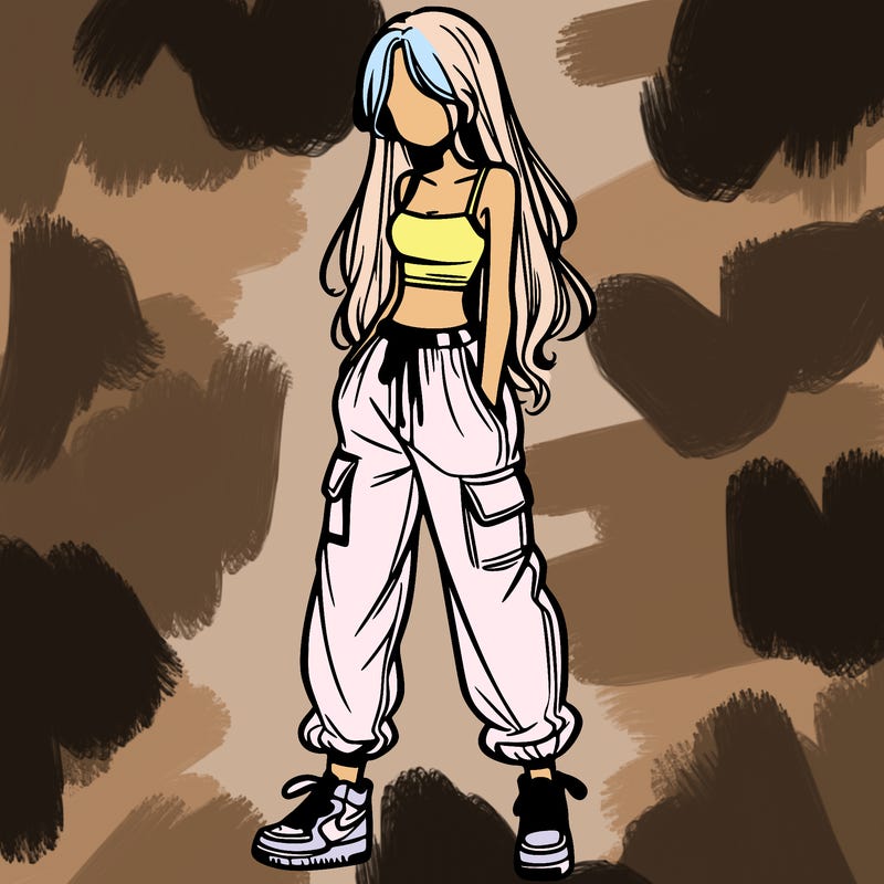 girl in baggy pants crop top and long hair