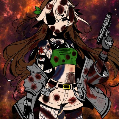 bad girl wearing crop top holding a gun long hair anime