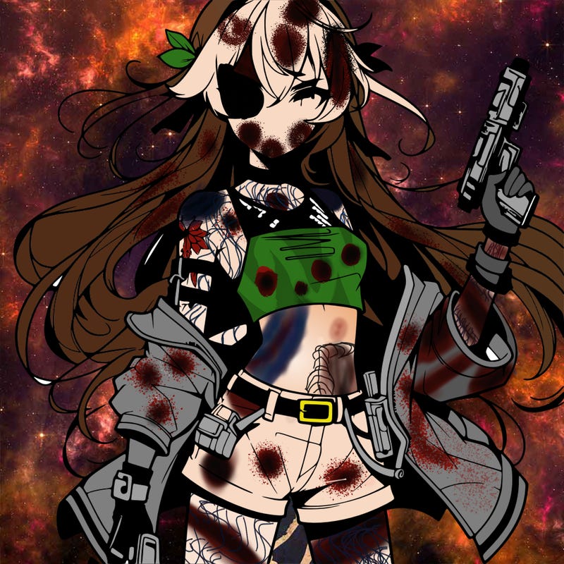 bad girl wearing crop top holding a gun long hair anime
