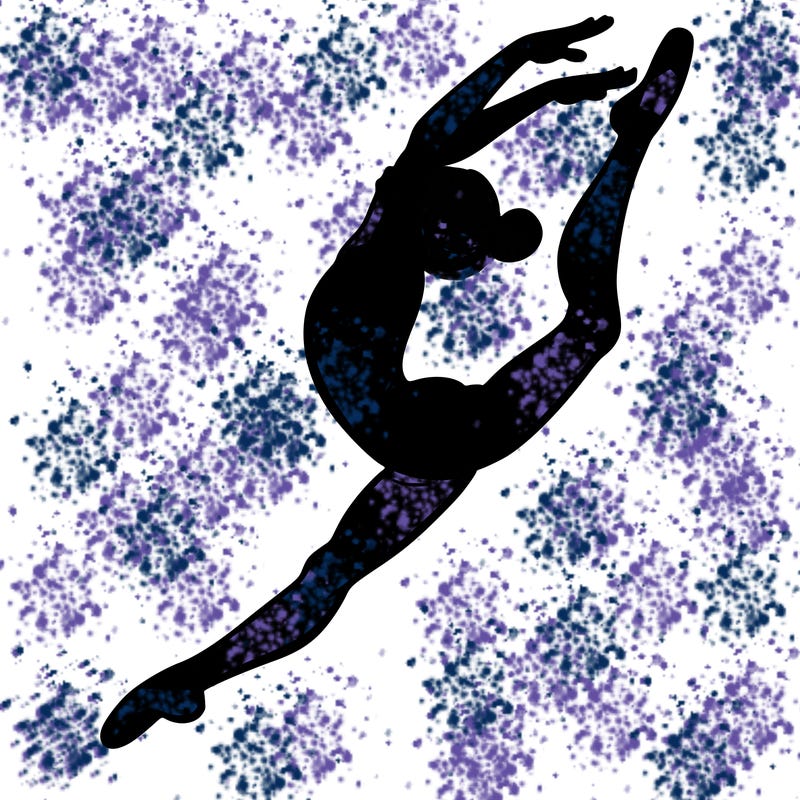 gymnast doing a leap in a leotard with a bent back leg