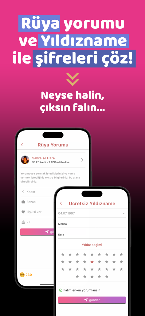 Fal Diyarı - Kahve Falı - Deux écrans mobiles affichant des fonctionnalités d'interprétation des rêves et d'astrologie de l'application Fal Diyari