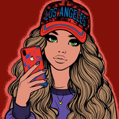 realistic beautiful girl wearing los ángeles cap holding an iphone