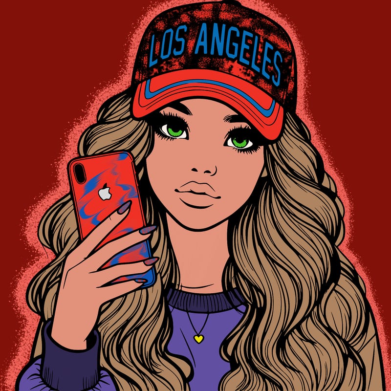 realistic beautiful girl wearing los ángeles cap holding an iphone