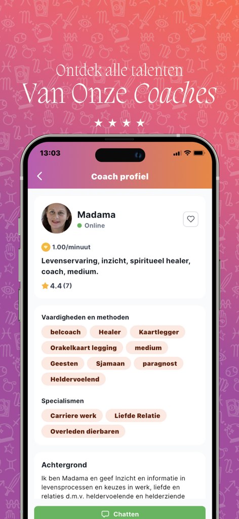 ParaVisie - A spiritual coach profile screen on the ParaVisie app displaying expert skills and a chat button.