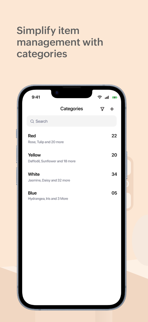 Inventory Stock Tracker - Zoho - 色別にアイテムが在庫数とともに整理されたZoho在庫追跡アプリのカテゴリ画面